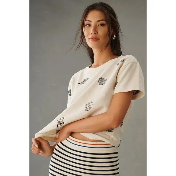 Anthropologie Maeve Embroidered Shell Short-Sleeve Sweatshirt Top L New 281991